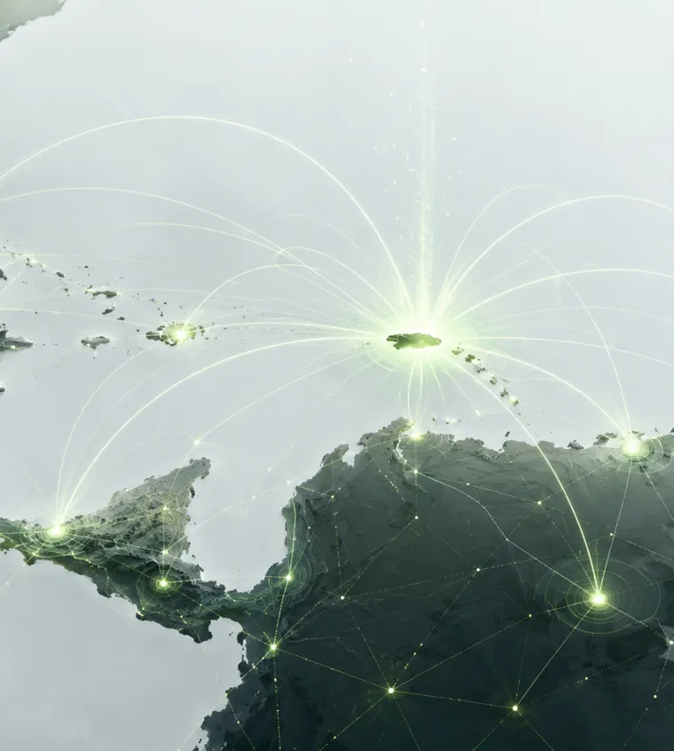 Map of Latin America and the Caribbean with connections radiating from Puerto Rico
